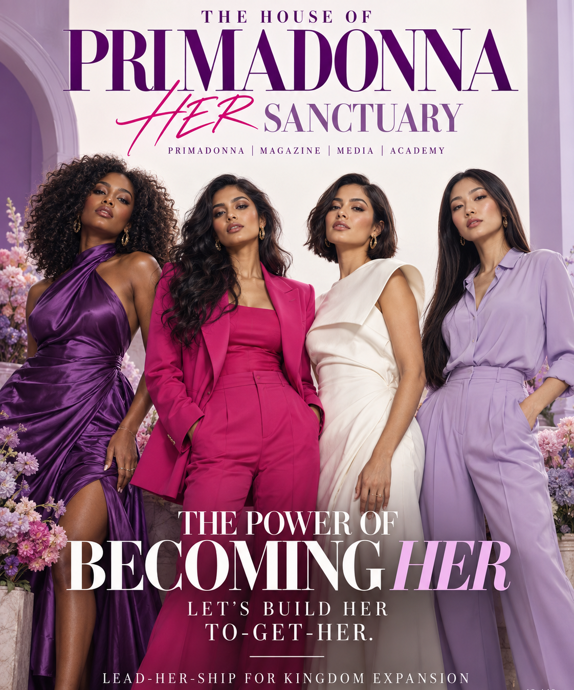 THE HOUSE OF PRIMADONNA — HER SANCTUARY editorial featuring four women in purple, fuchsia, ivory and lavender fashion. The Power of Becoming HER. Let’s build HER to-get-her. Lead-HER-ship for Kingdom expansion.