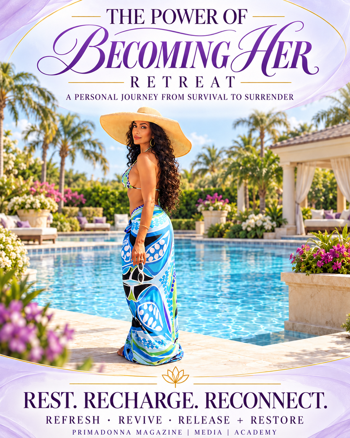 The Power of Becoming HER Retreat editorial with a woman in resortwear beside a palm-lined pool. A personal journey from survival to surrender. Rest, recharge and reconnect. Refresh, revive, release and restore. PRIMADONNA MAGAZINE | MEDIA | ACADEMY.