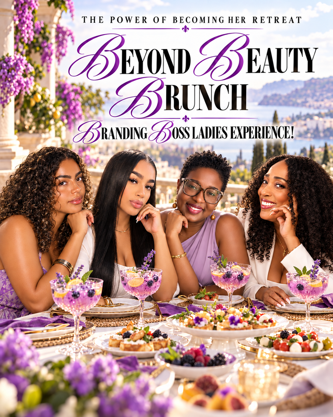 Beyond Beauty Brunch editorial featuring four women at a purple and lavender brunch tablescape with signature mocktails